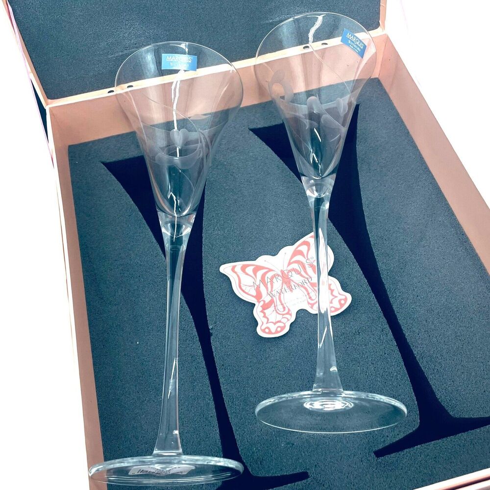 Waterford Matquis NEW 2 Boxed Etched Champagne Flutes Yours Truly Collection